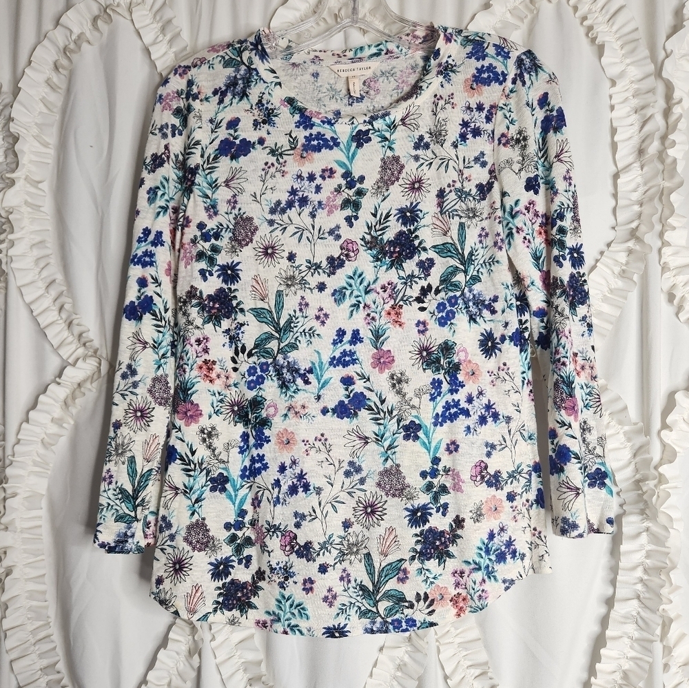 Rebecca Taylor Top Lightweight Linen Floral Three Quarter Sleeve Sz Medium
